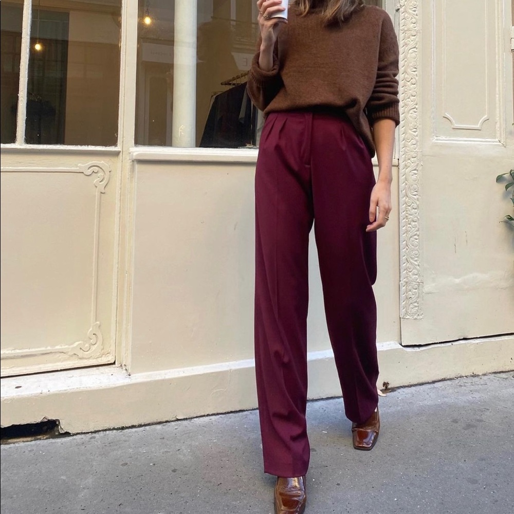ADMISE Paris Wool High-waisted pleat-front burgundy trousers/pantsuit Sz 38 Med
